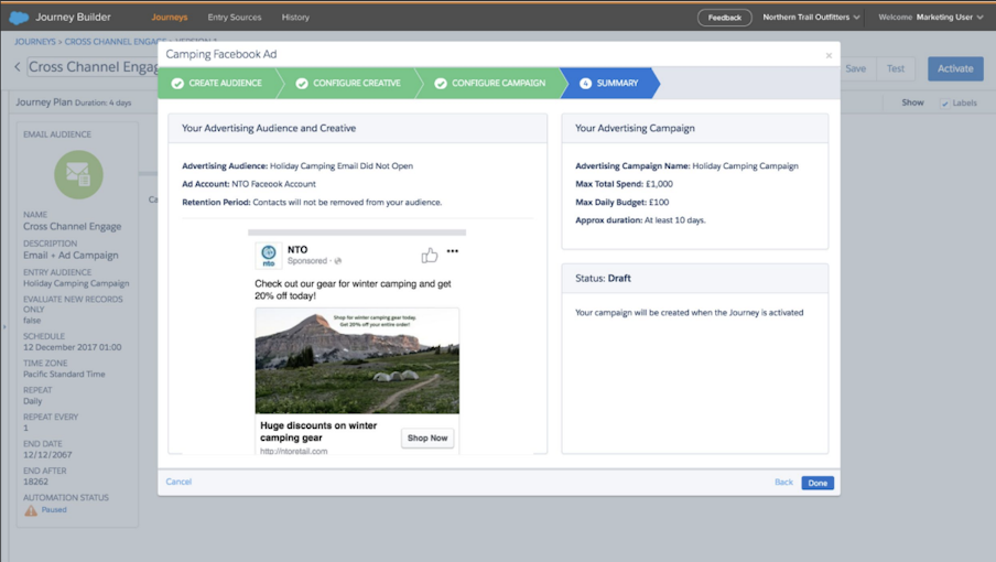 Screenshot of Journey Builder using Marketing Cloud Advertising for Facebook Ads