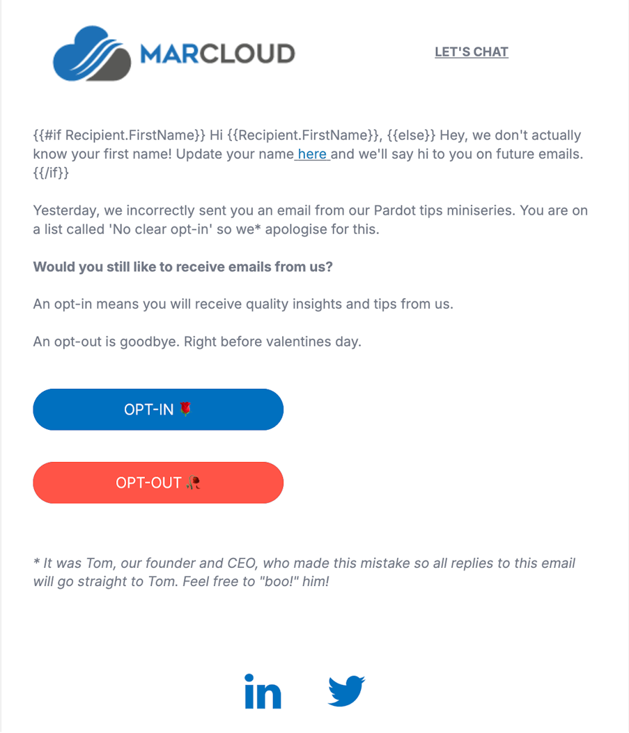 Screenshot of a MarCloud permission pass email
