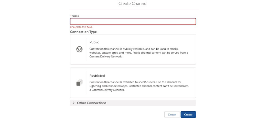 Screenshot of creating a channel in Salesforce CMS