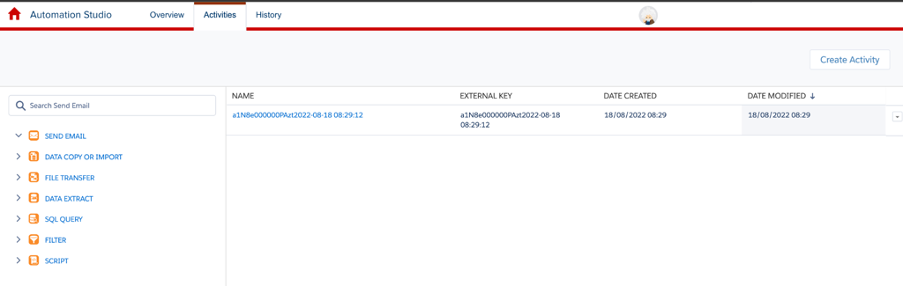 Screenshot of Marketing Cloud Automation Studio Activities