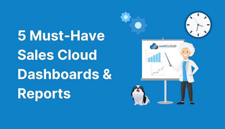 Coloured background with text 5 Must-Have Sales Cloud Dashboards & Reports