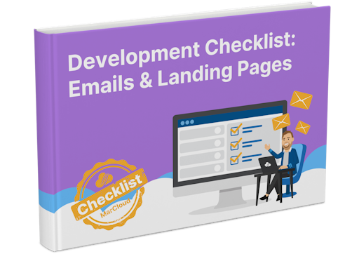 3D eBook cover with text Development Checklist: Emails & Landing Pages