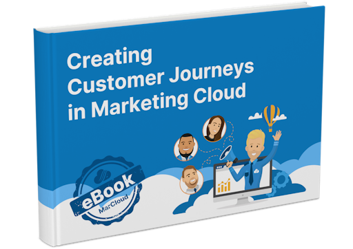 3D eBook cover with text Creating Customer Journeys in Marketing Cloud