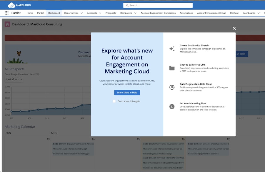 Screenshot of the Account Engagement dashboard with Marketing Cloud Growth features announcement