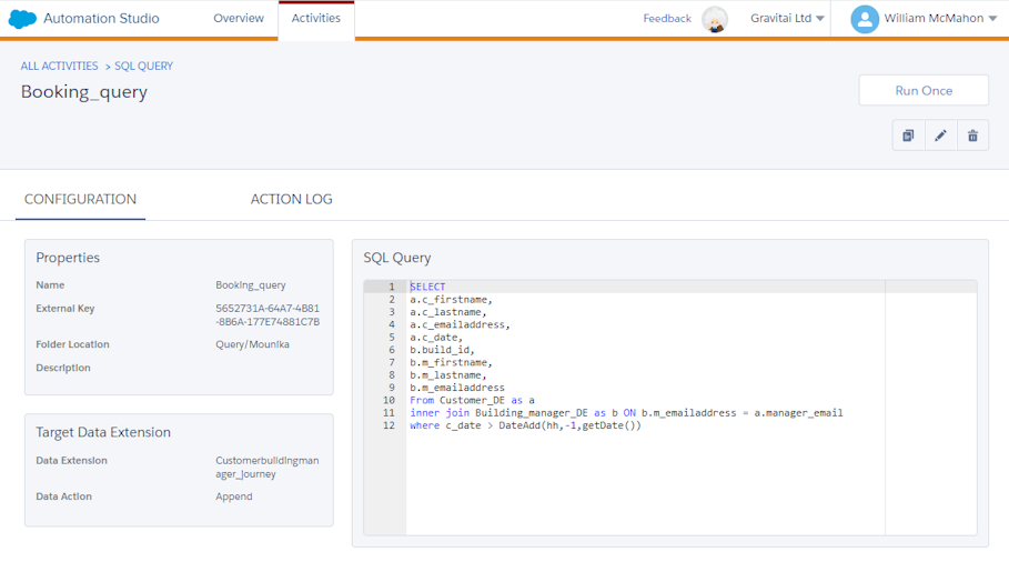 Screenshot of SQL query in Marketing Cloud Engagement