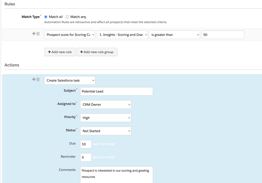 Screenshot of Marketing Cloud Account Engagement scoring categories