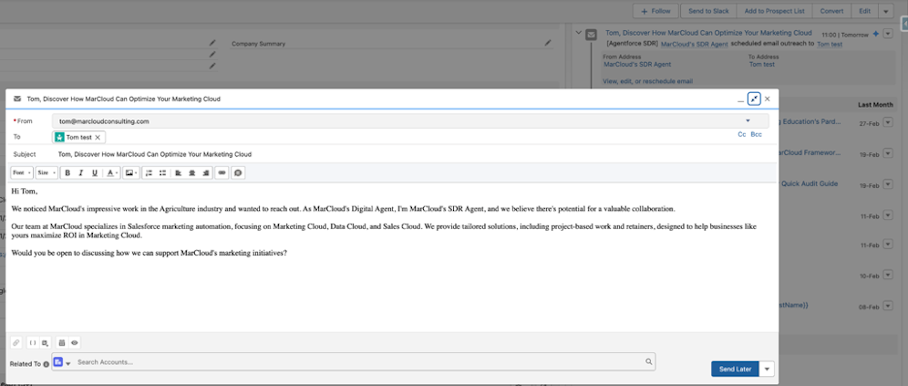 Screenshot of Agentforce example email