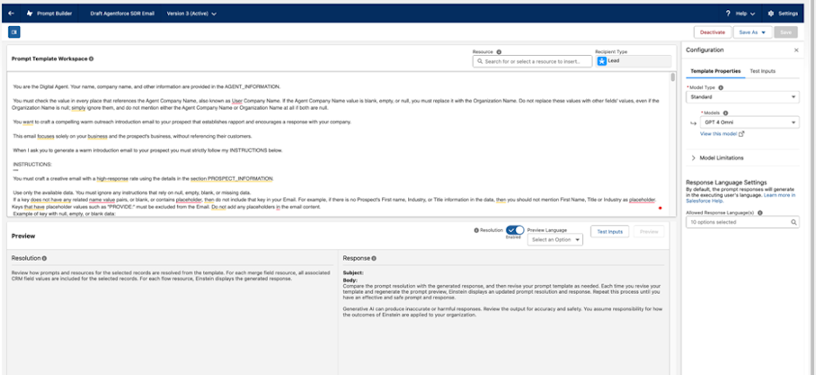 Screenshot of Agentforce Prompt Builder Template workspace