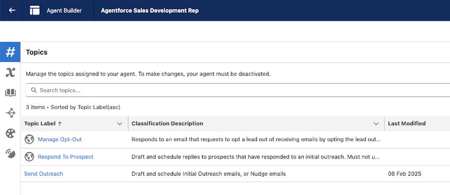 Screenshot of Agentforce Agent Topics settings