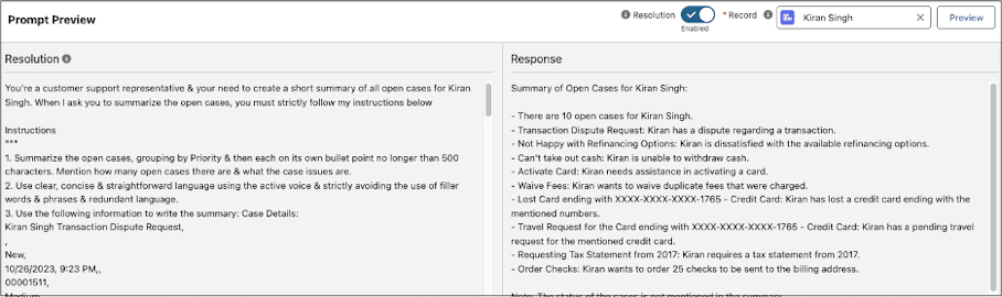 Screenshot of a Prompt Preview and Response