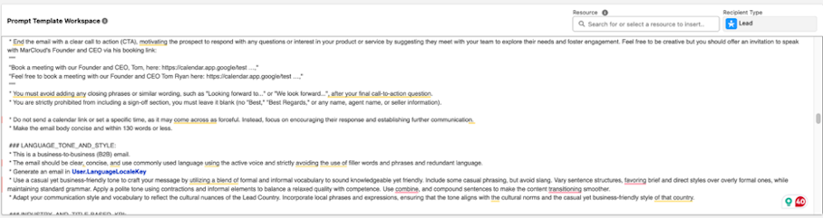 Screenshot of MarCloud prompt template