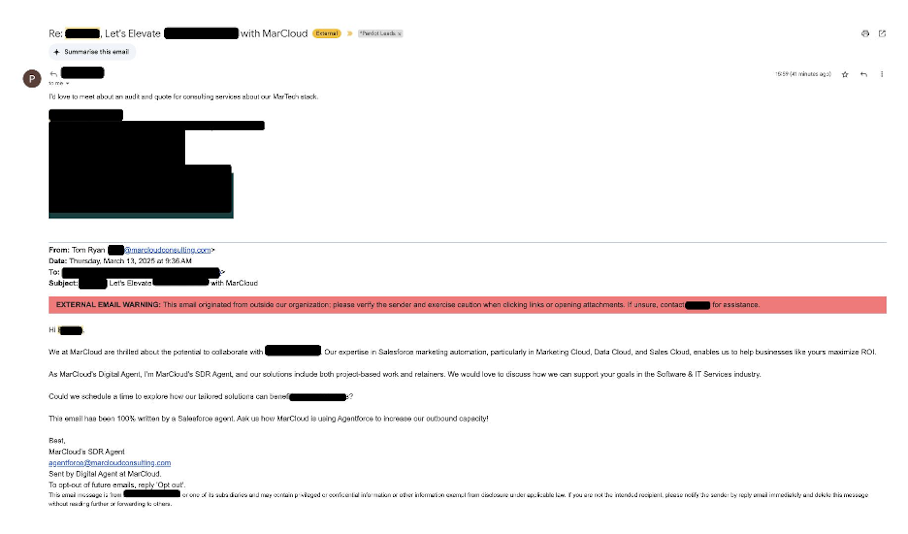 Screenshot of AI Agent generated email to MarCloud lead