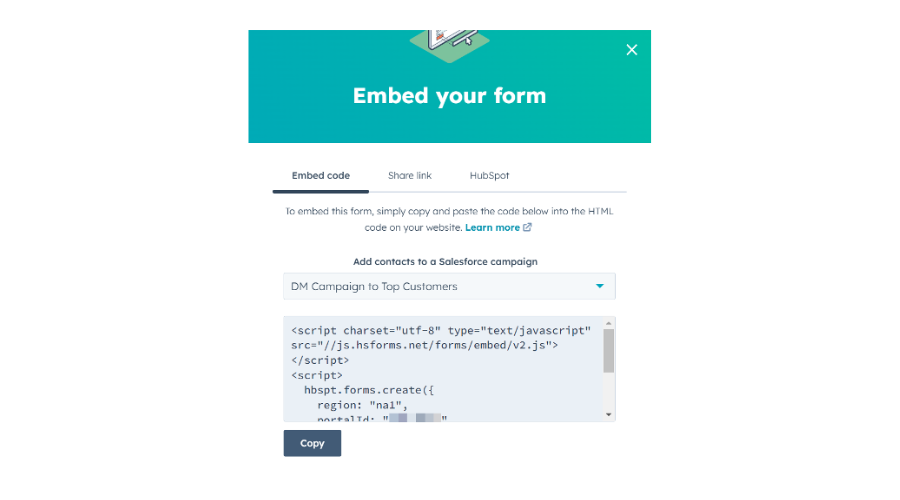 Screenshot of HubSpot form embed code for adding contacts to Salesforce campaign