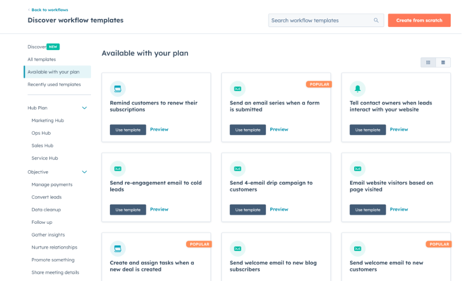 Screenshot of HubSpot workflow templates