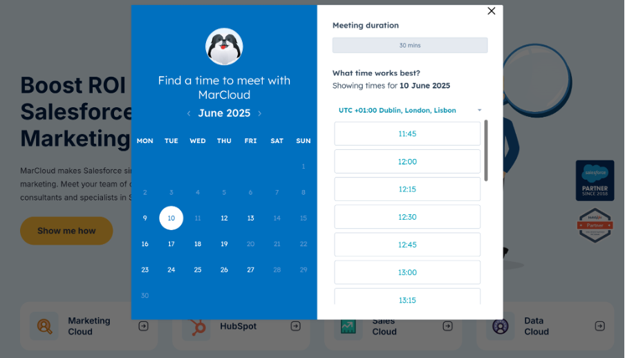Screenshot of the HubSpot calendar open for a meeting with MarCloud