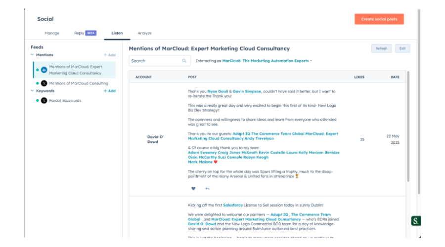 Screenshot of HubSpot social listening feature