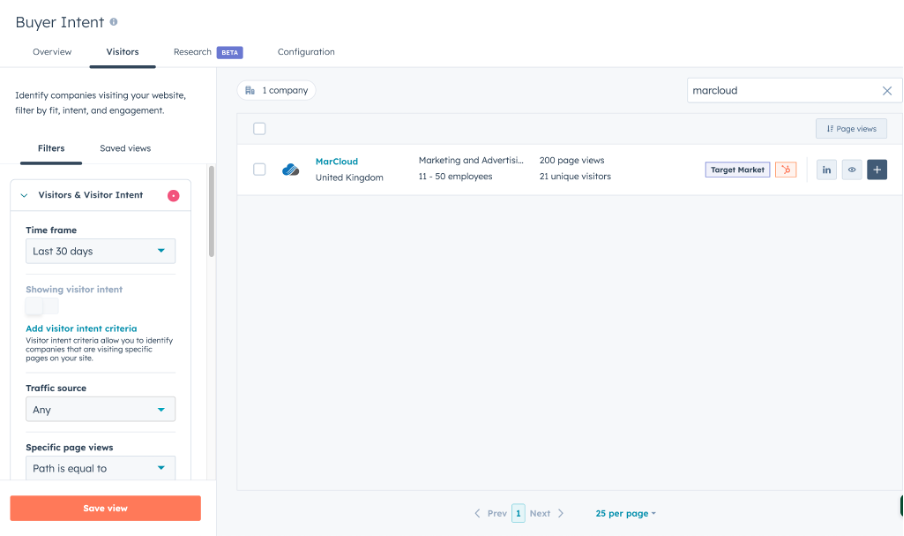 Screenshot of HubSpot buyer intent report