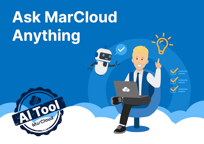 Coloured background with text Ask MarCloud Anything and stamp saying AI Tool