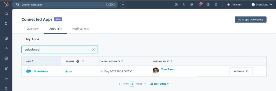 Screenshot of HubSpot Connected Apps search for Salesforce
