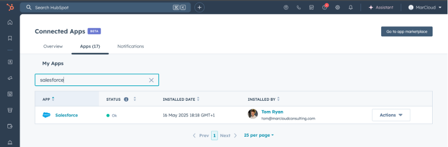 Screenshot of Connected HubSpot Apps featuring Salesforce