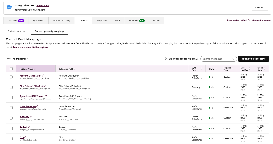 Screenshot of HubSpot Contact Field Mappings