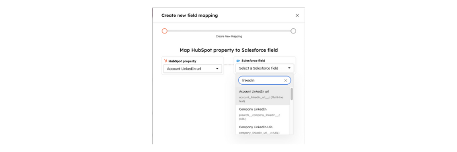 Screenshot of Create new field mapping in HubSpot