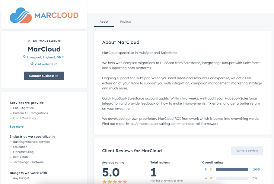 Screenshot of MarCloud's HubSpot Partner listing