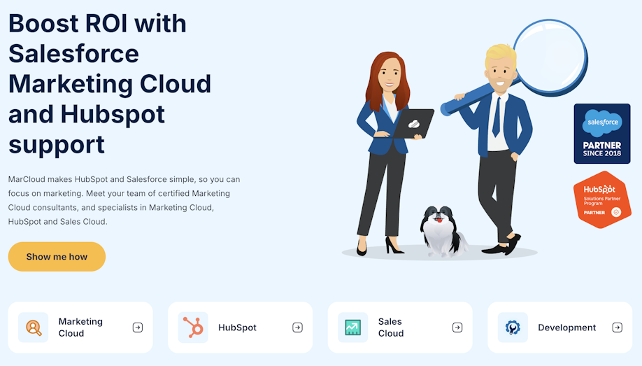Screenshot of MarCloud home page showing HubSpot Partner badge