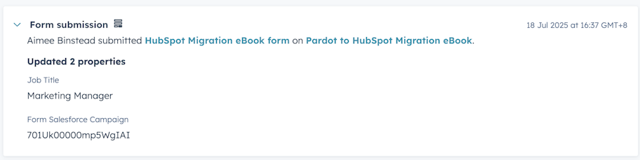 Screenshot of Form Activities on a HubSpot contact record
