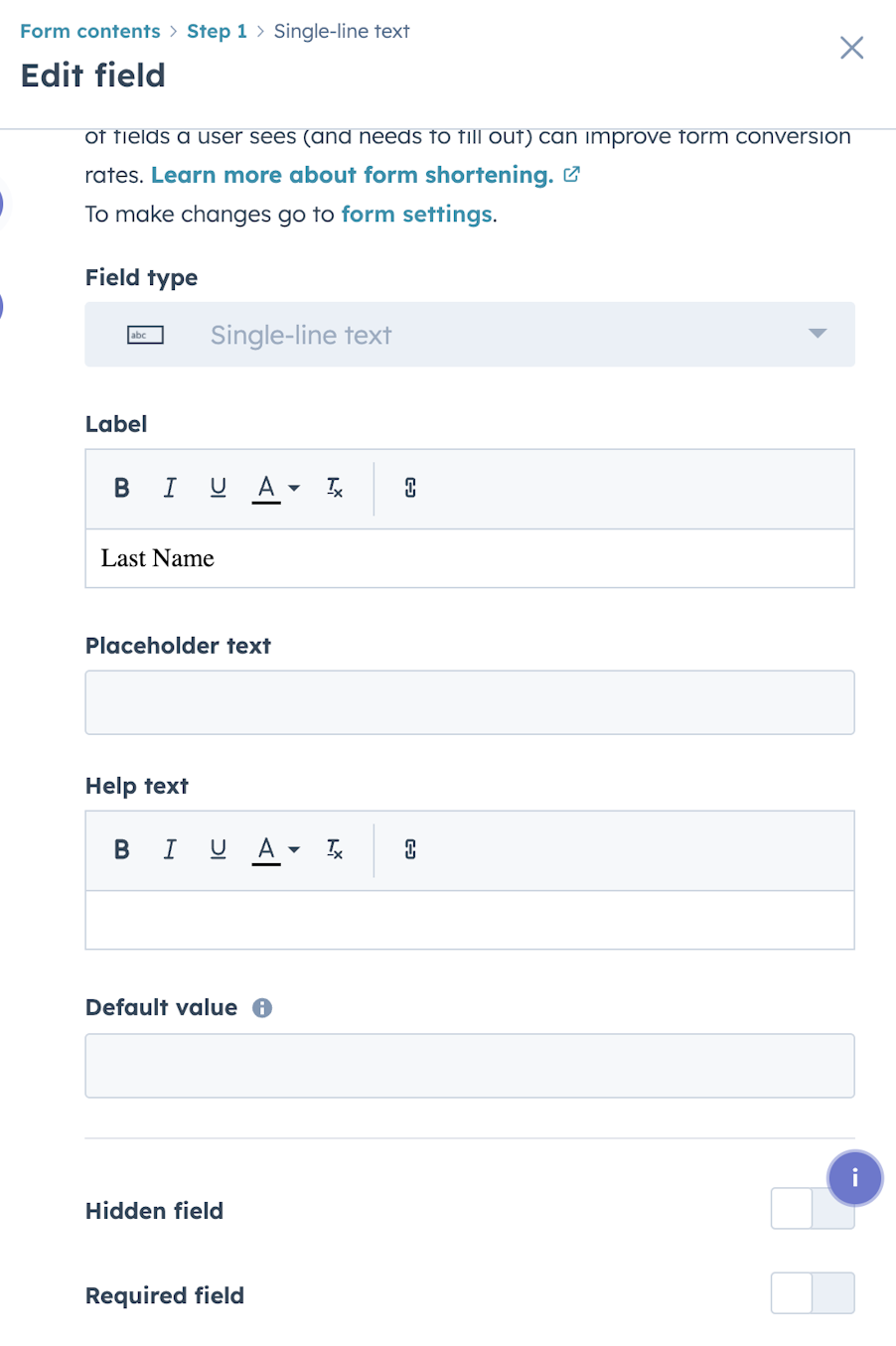 Screenshot of HubSpot form hidden field setting