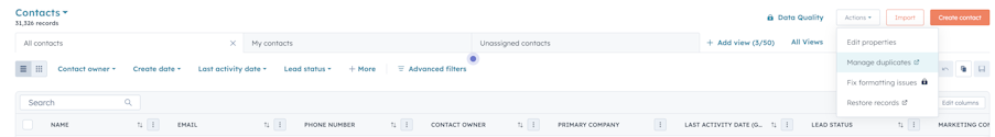 Screenshot of the HubSpot Contacts section