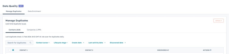 Screenshot of Manage duplicates section in HubSpot
