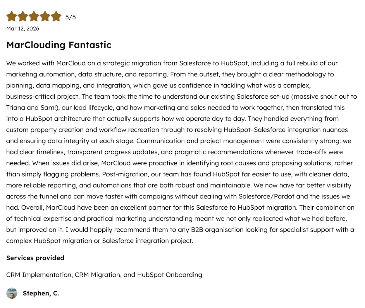 Screenshot of a client testimonial posted to HubSpot Marketplace