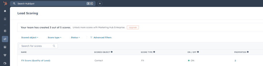 Screenshot of Hubspot Lead Scoring tool