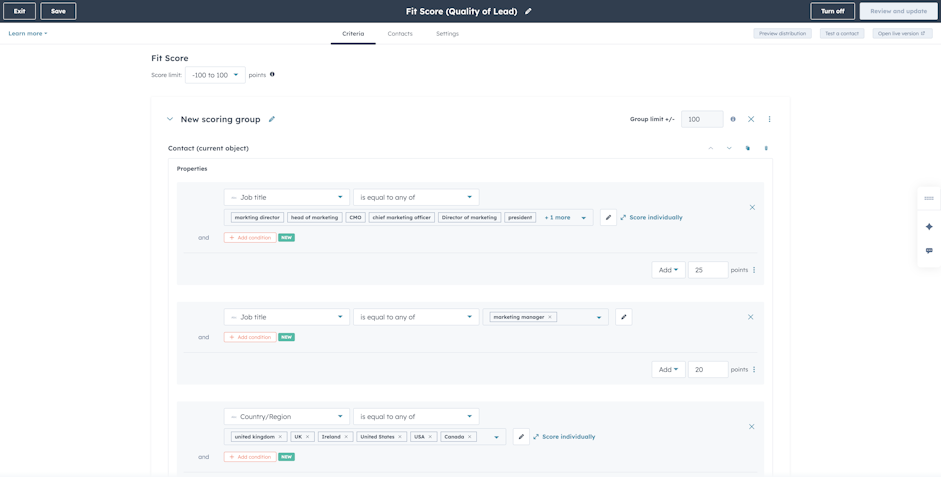 Screenshot of HubSpot fit scoring criteria
