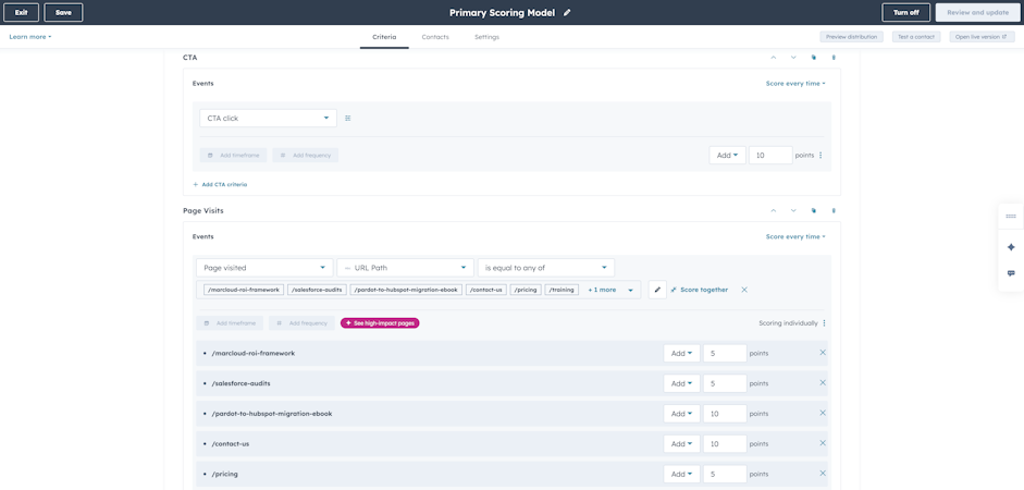 Screenshot of HubSpot primary scoring model