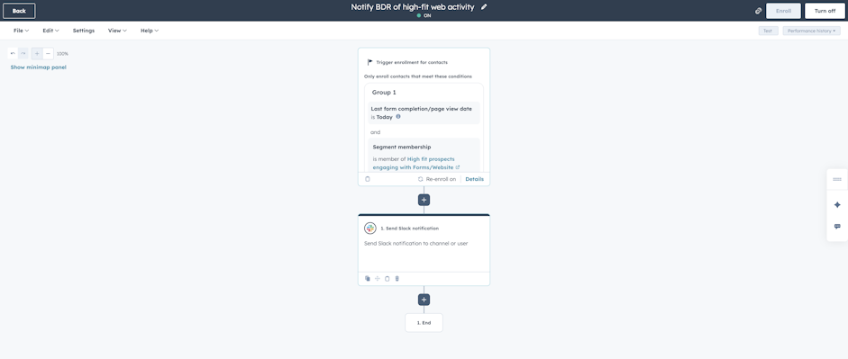 Screenshot of HubSpot workflow for high-fit score Slack notifications