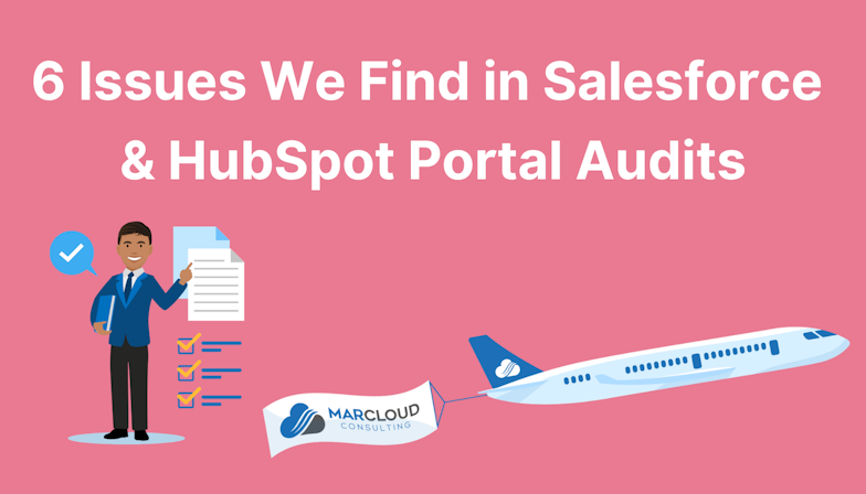 Coloured background with text 6 Issues We Find in Salesforce & HubSpot Portal Audits