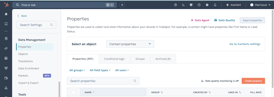 Screenshot of HubSpot Properties settings