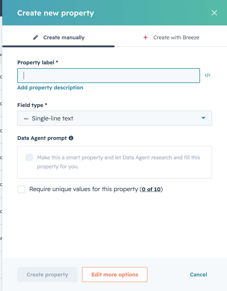 Screenshot of Create new property in HubSpot