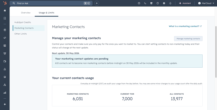 Screenshot of HubSpot Marketing Contacts settings