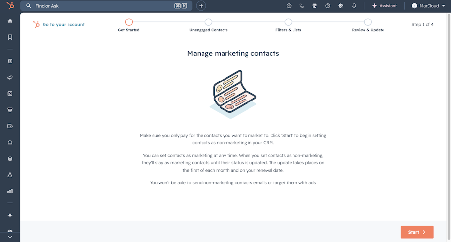 Screenshot of Manage marketing contacts in HubSpot