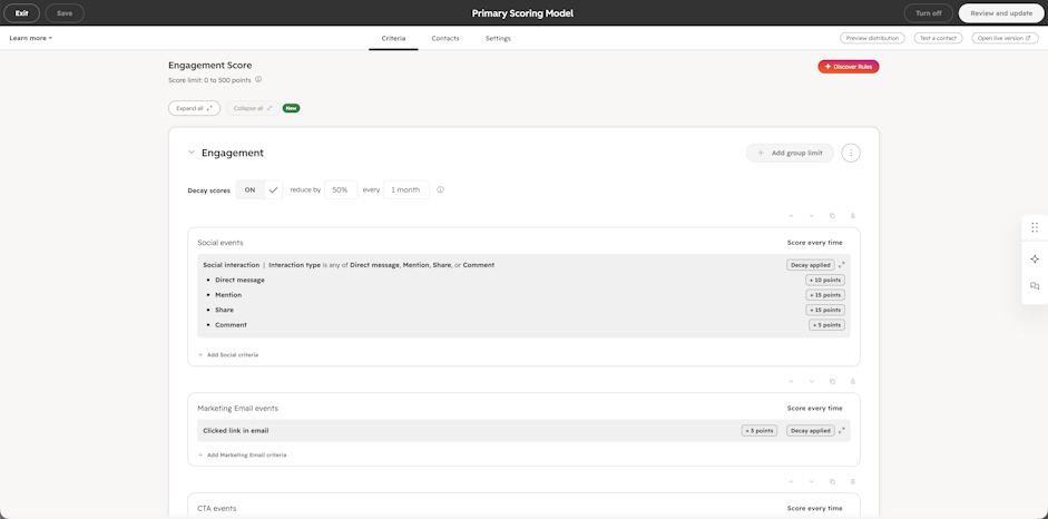 Screenshot of MarCloud's Engagement scoring