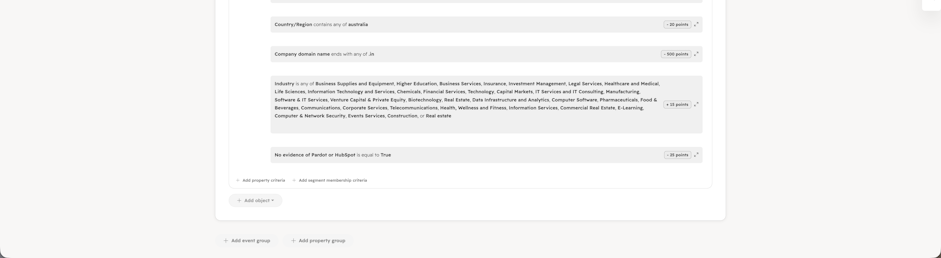 Screenshot of MarCloud's negative scoring in HubSpot