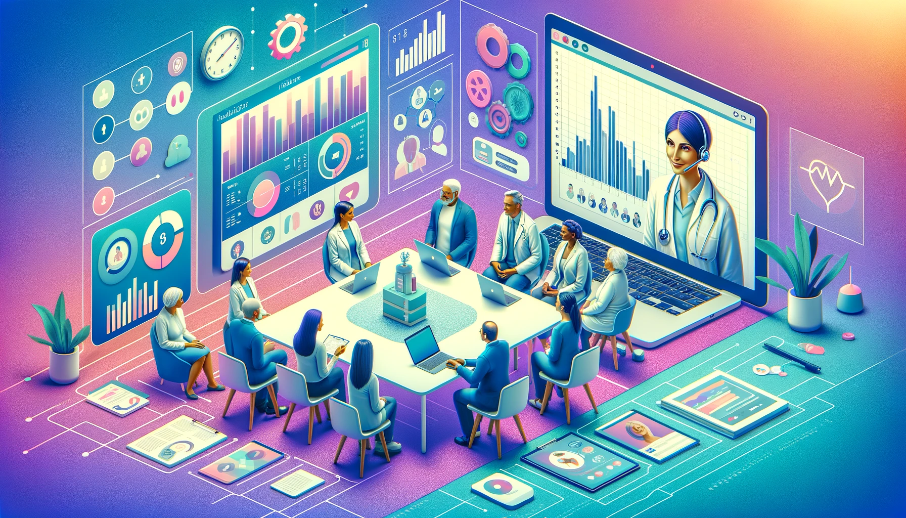 A vibrant 3_2 image featuring a digital healthcare focus group session. The background should include shades of heliotrope, with healthcare profession