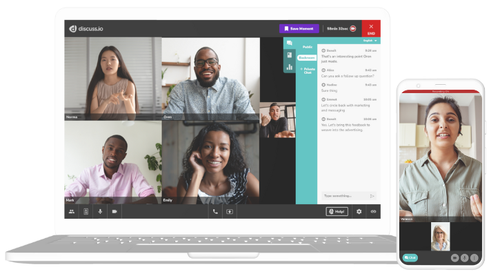 the mockup of a Discuss io focus group on both desktop and mobile