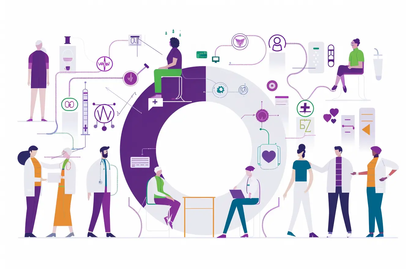 an infographics showing a feedback circle with various patients, doctors, people and medical symbols overlayed on top
