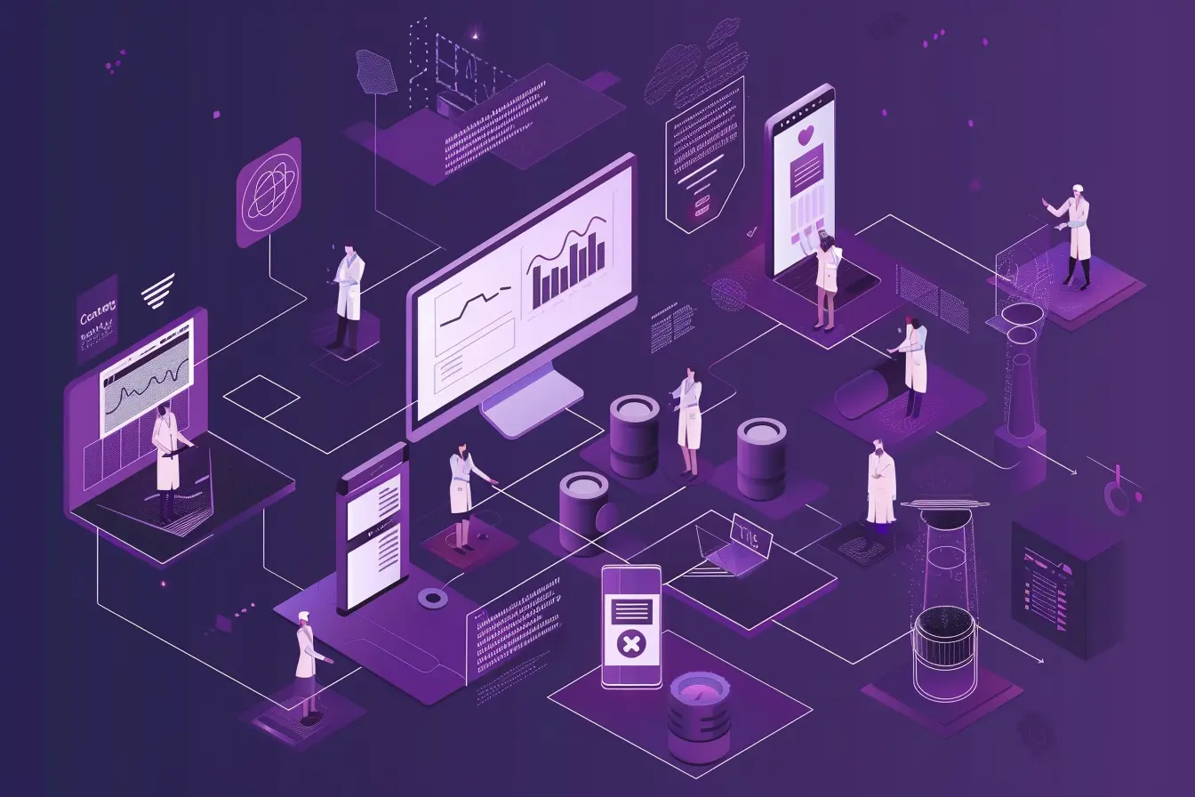 An infographic of data flowing in and out of a data centre with medical staff around it