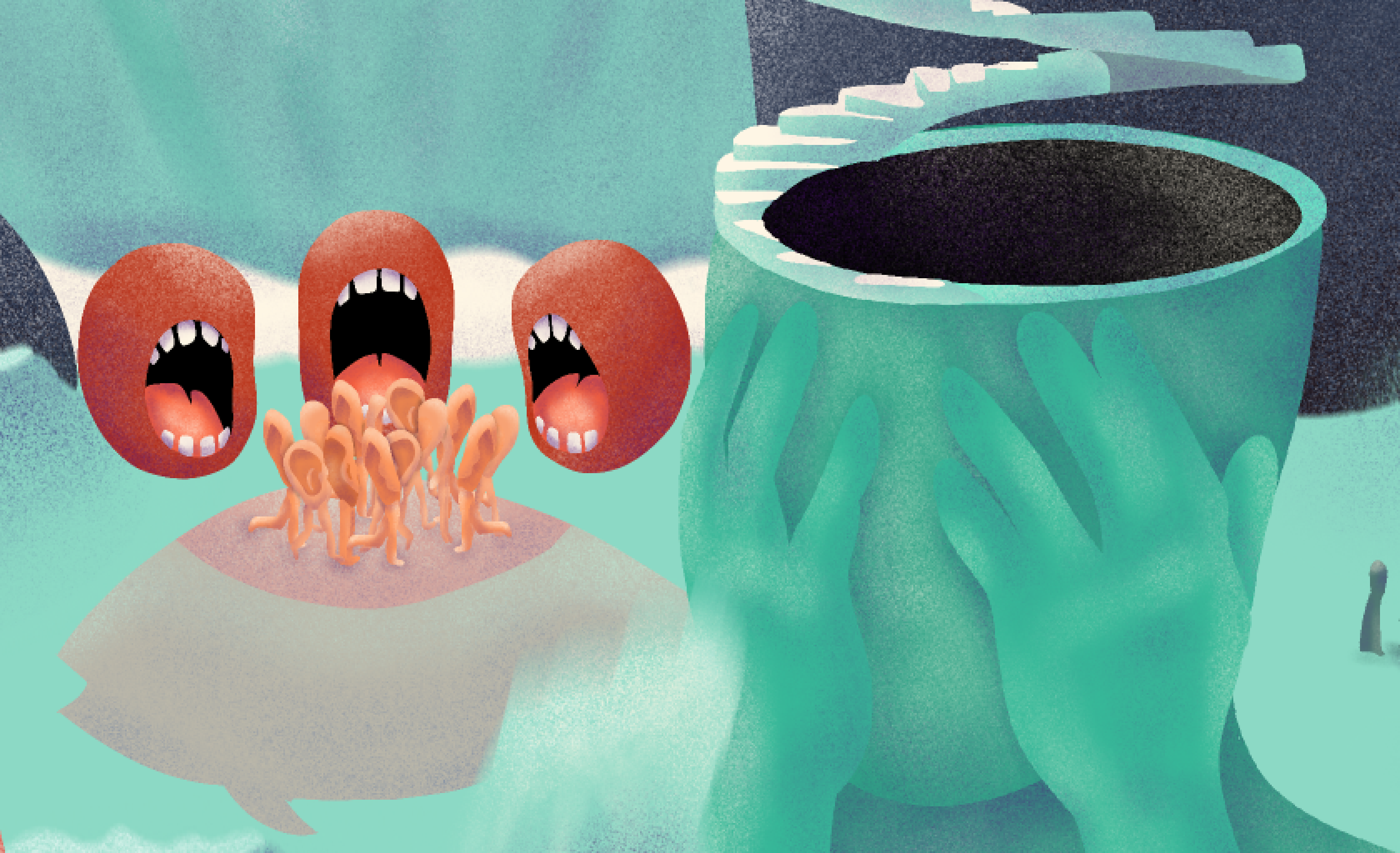 Abstract illustration of big mouths talking to many ears