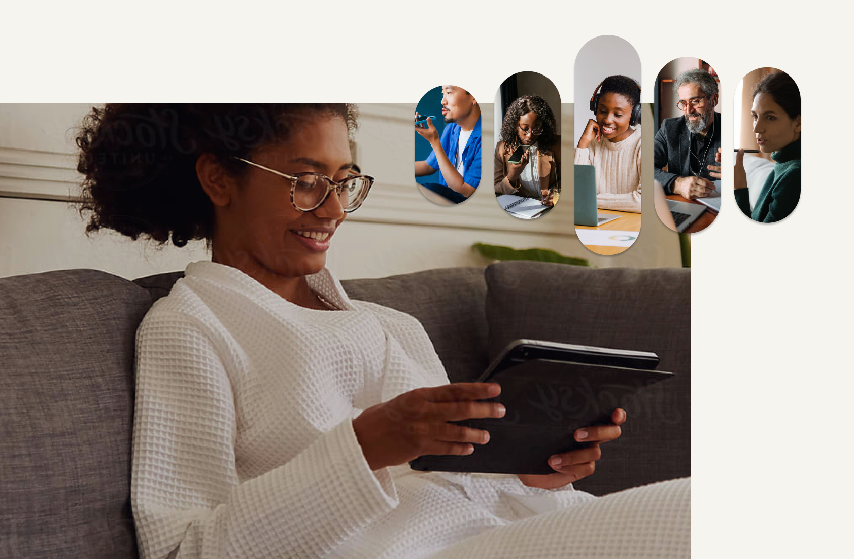 A person on a tablet with an overlap of talking people